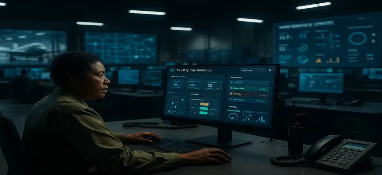 Facilities manager reviewing CAFM software dashboard on laptop for military base asset tracking and maintenance planning