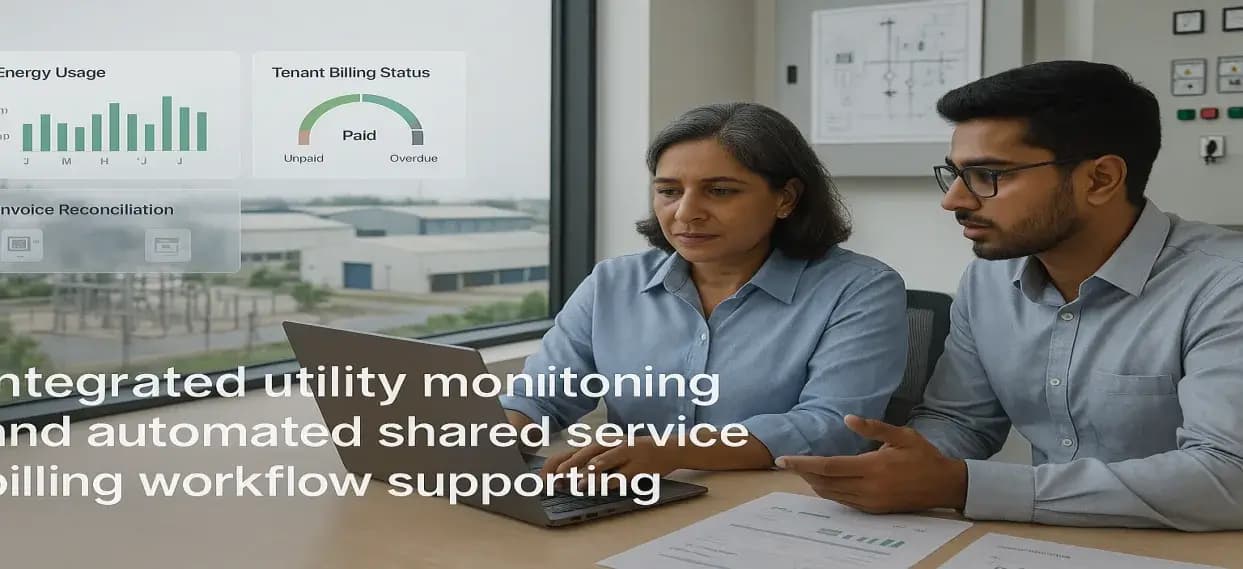 Facility managers using an IWMS dashboard showing industrial park map, asset status, maintenance schedules, and KPI charts