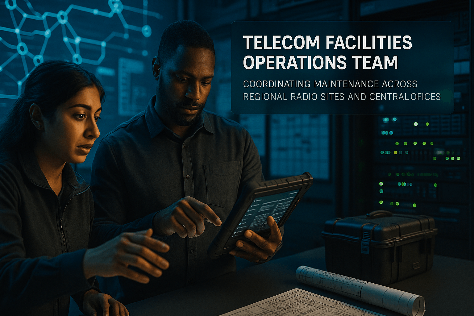 CAFM dashboard showing telecom site map, asset list, and technicians planning B2B network maintenance workflows
